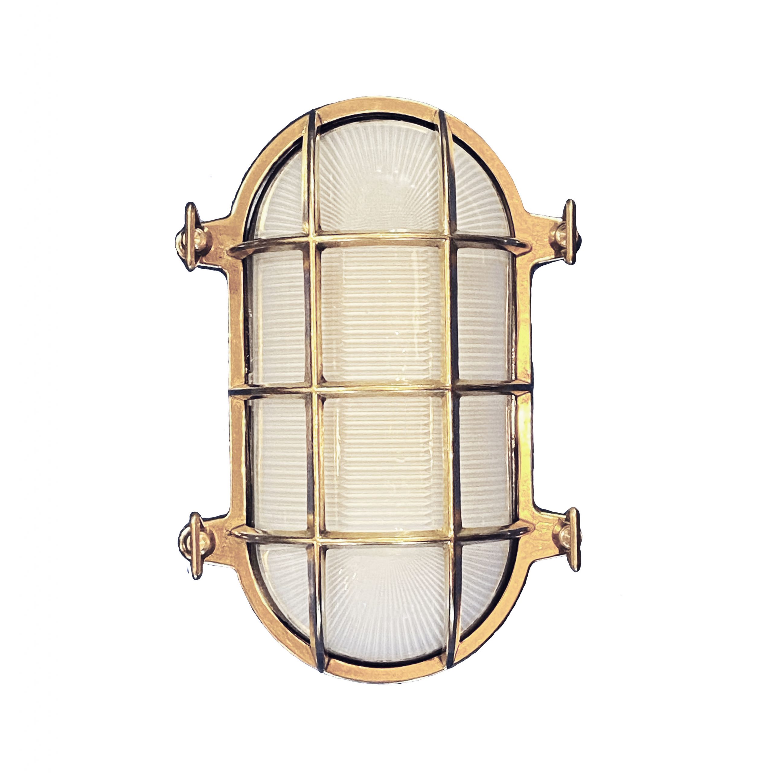 Solid Brass Exterior/outside Lighting Oval Cage Bulkhead complete with LED lamp 